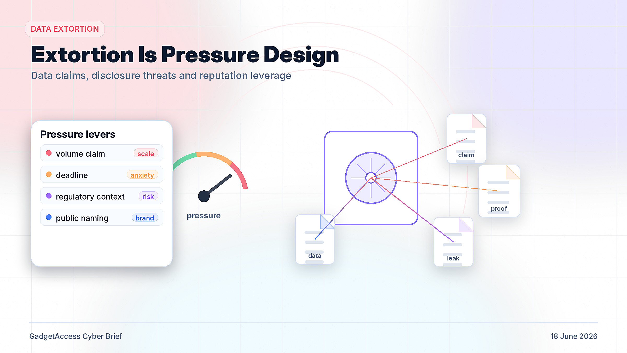 Premium text-free white background illustration of a data vault, leaking records and pressure gauge representing modern data extortion