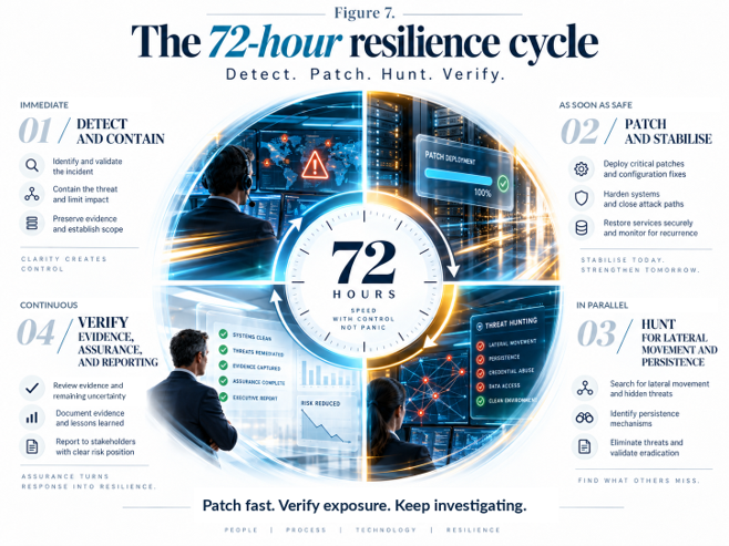 Editorial 72-hour management checkpoint with overlapping containment, hunting, patching and evidence workstreams