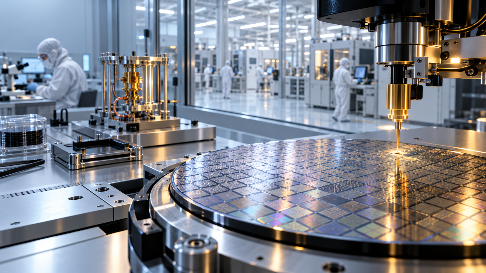 Conceptual editorial artwork: manufacturing and measurement central to quantum scale