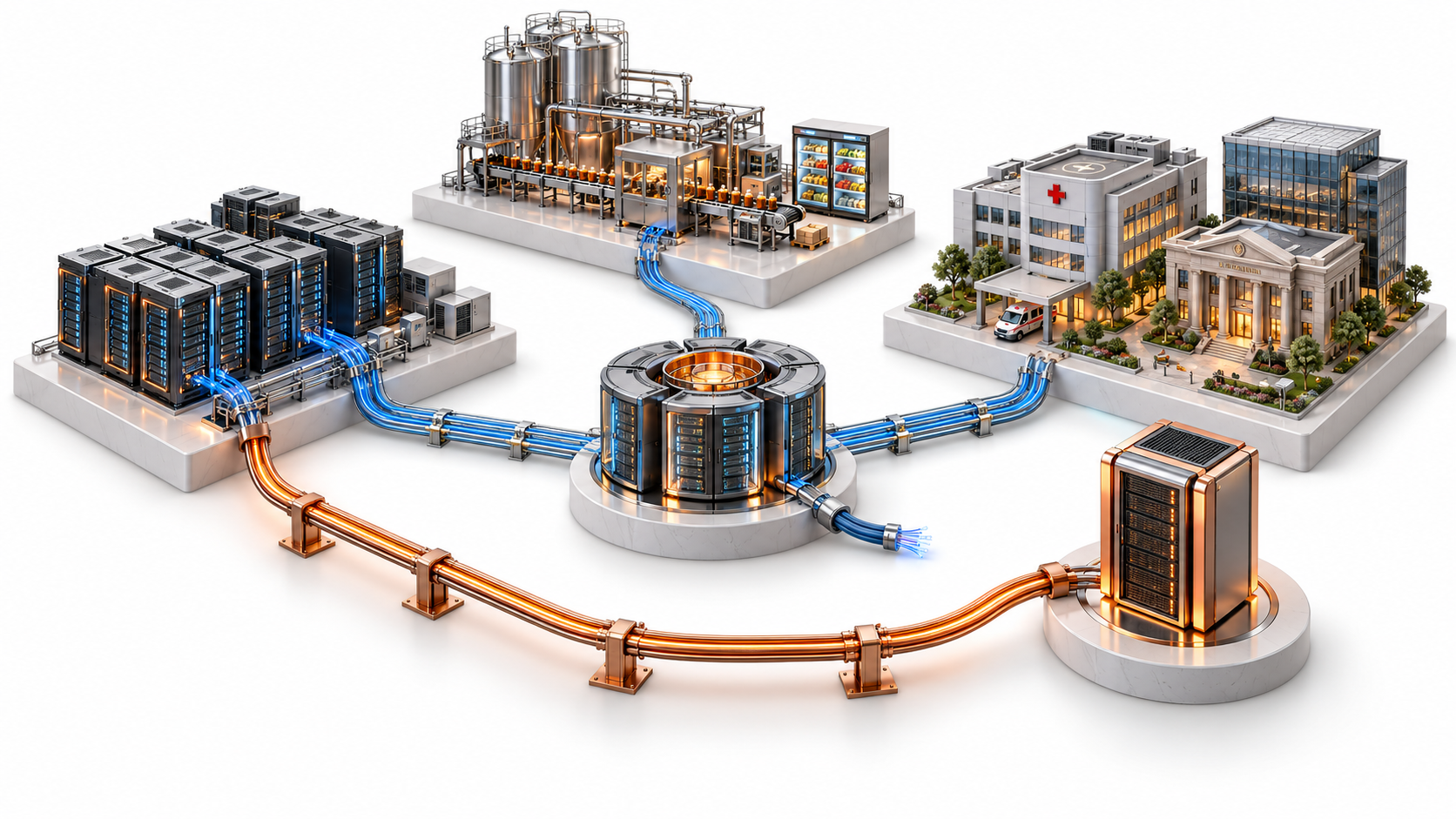Miniature data centre, industrial facility and business services share an administration hub, with a separate recovery bridge.