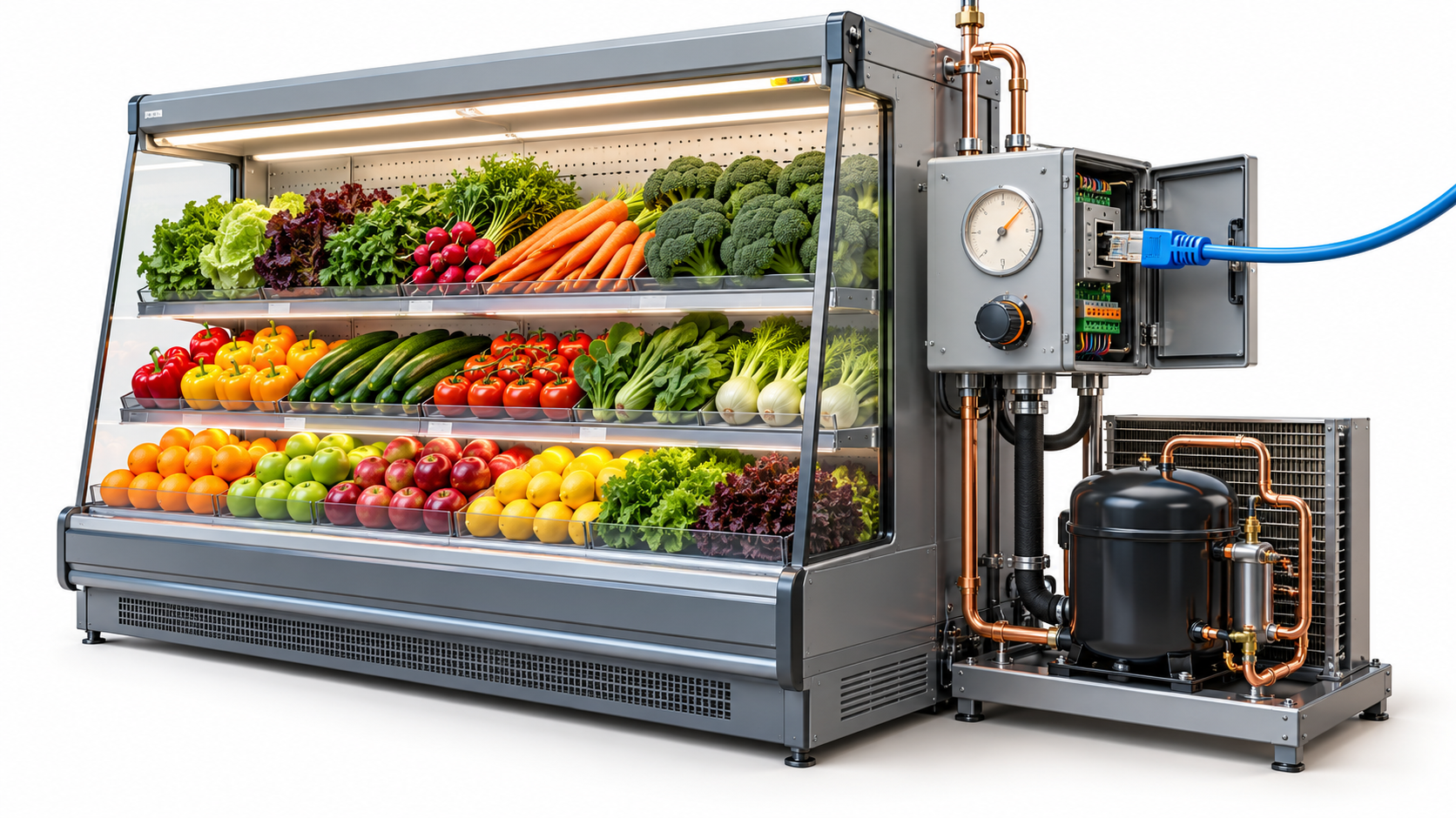 Commercial refrigeration equipment with a remote controller and network connection.