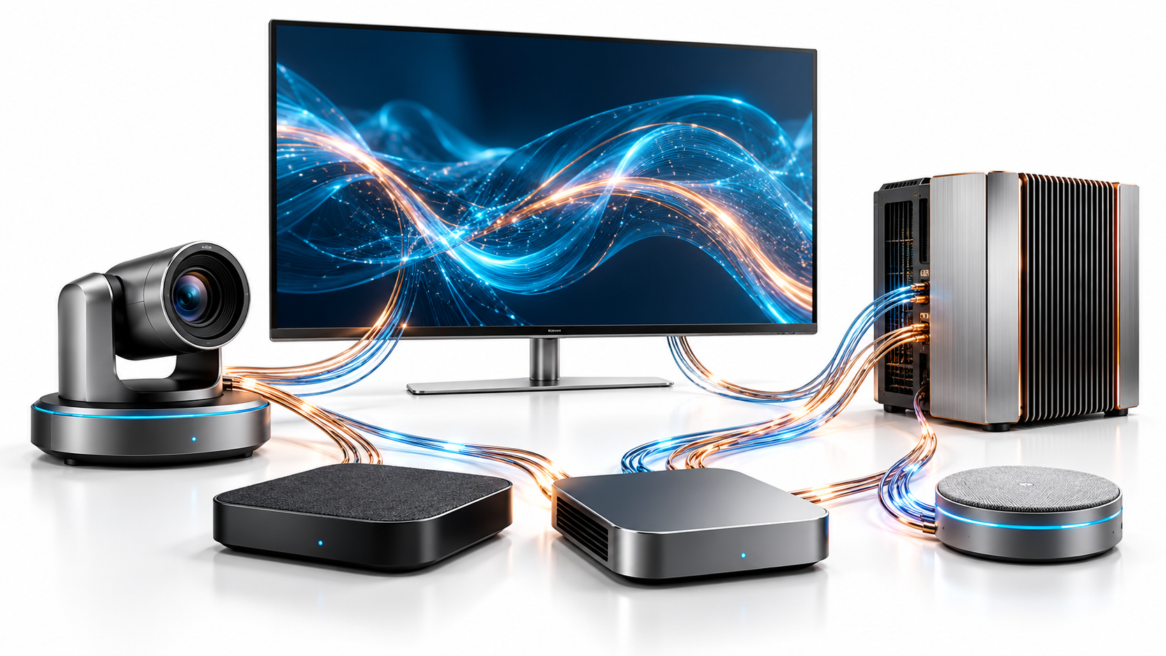 A television, conference devices and an edge computer share a connected computing fabric.