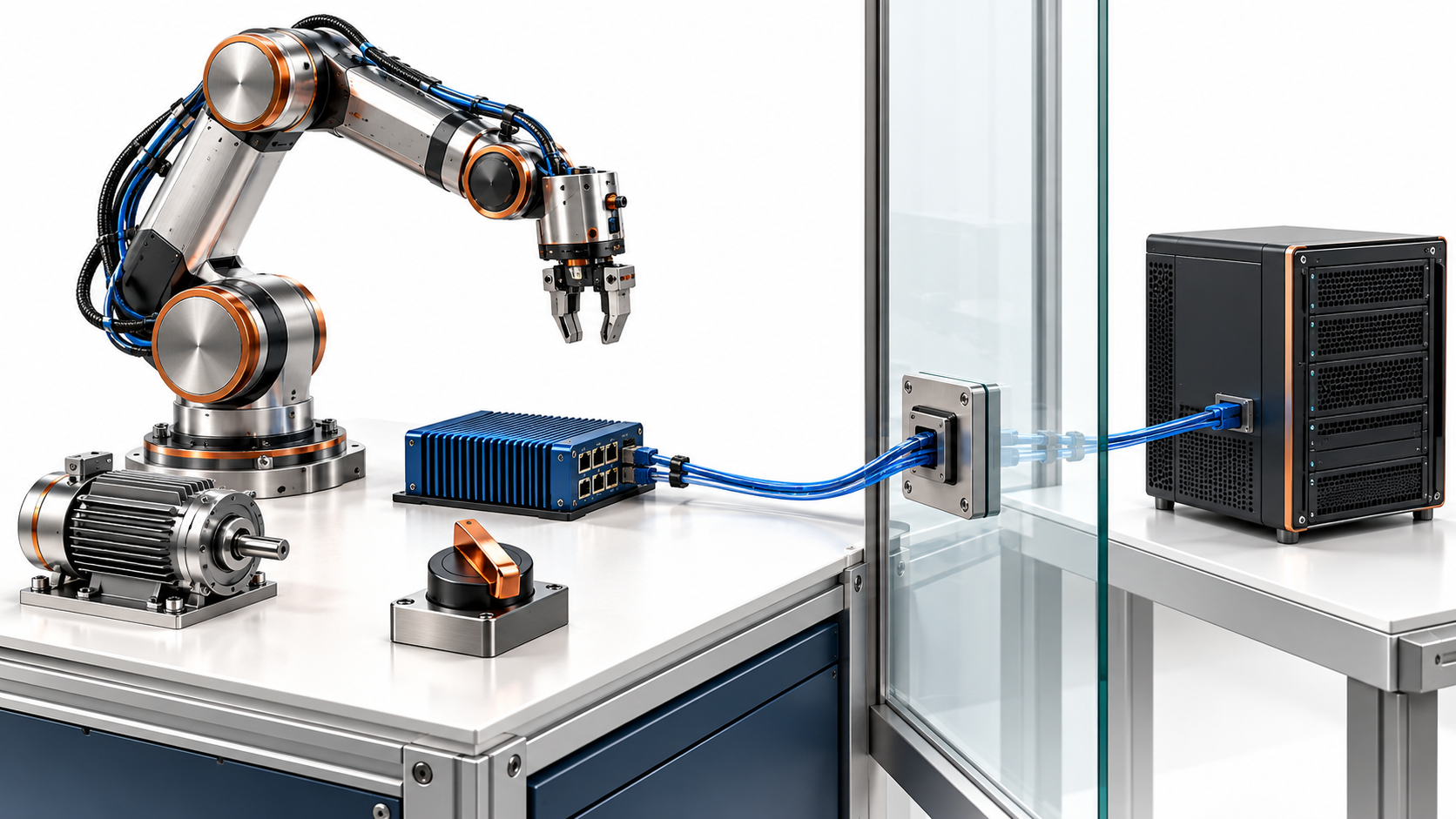 An industrial motor and robot sit behind a gateway with a local control switch.